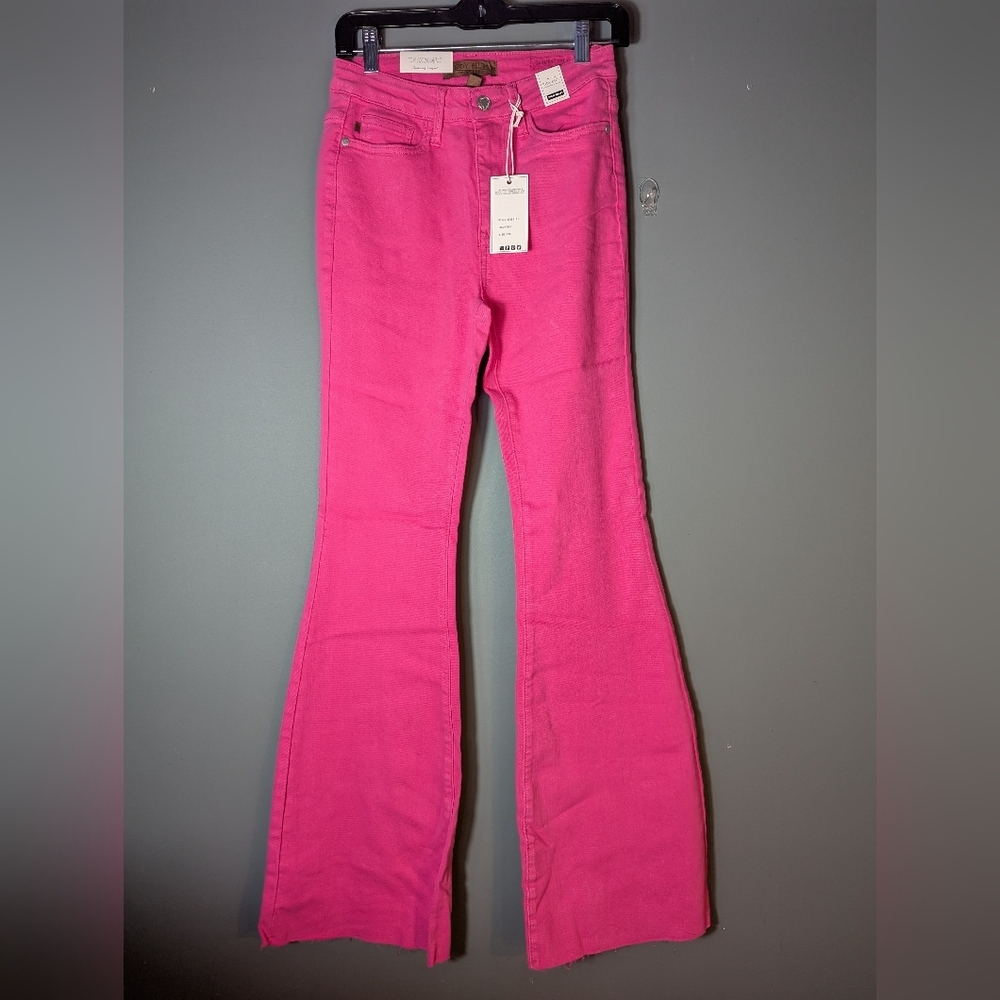 Judy Blue Hot Pink 3/26 Unhemed Bell Bottom Wide Leg Raw Hem Pants